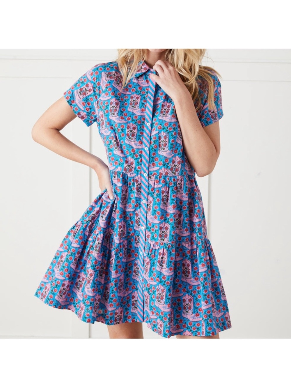 Printfresh Blue and Pink Floral Short-Sleeve Mini Dress 100% Organic Cotton